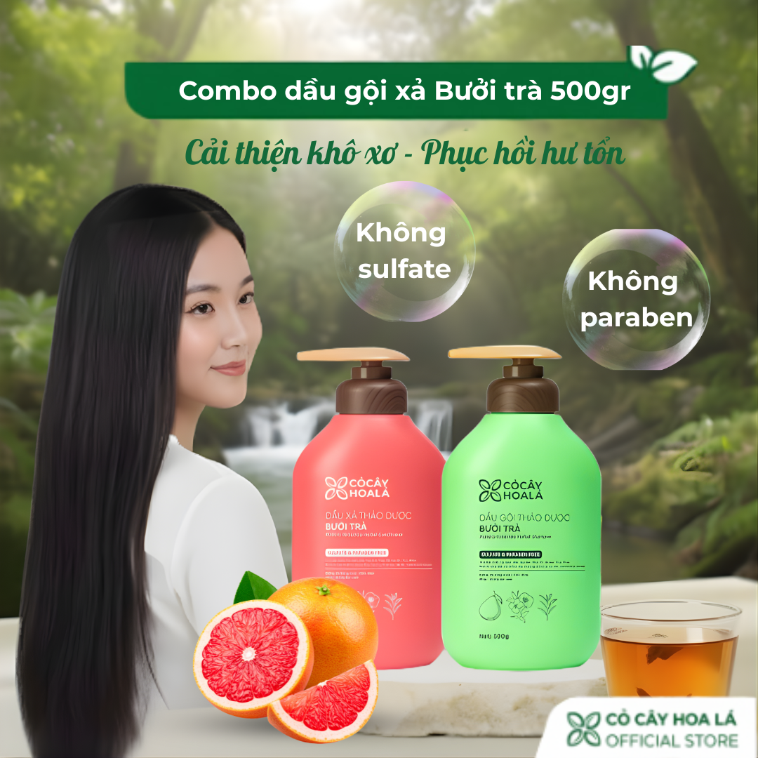 Combo Dầu Gội Xả Thảo Dược Cỏ Cây Hoa Lá Bưởi Trà 500g - Cải thiện thô xơ, phục hồi hư tổn