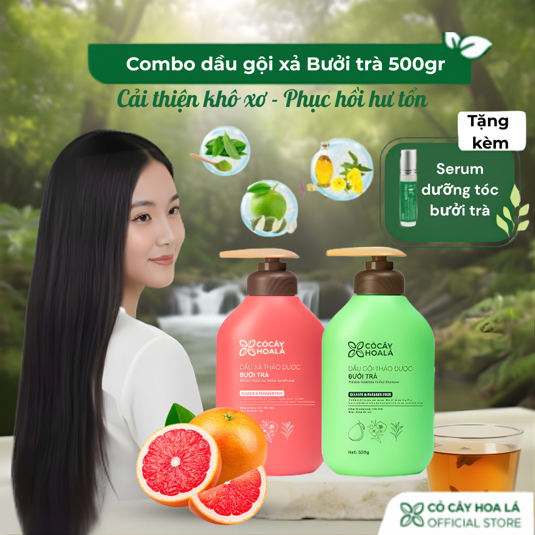 Combo Dầu Gội Xả Thảo Dược Cỏ Cây Hoa Lá Bưởi Trà Phục Hồi Tóc Hư Tổn 500g Kèm Serum