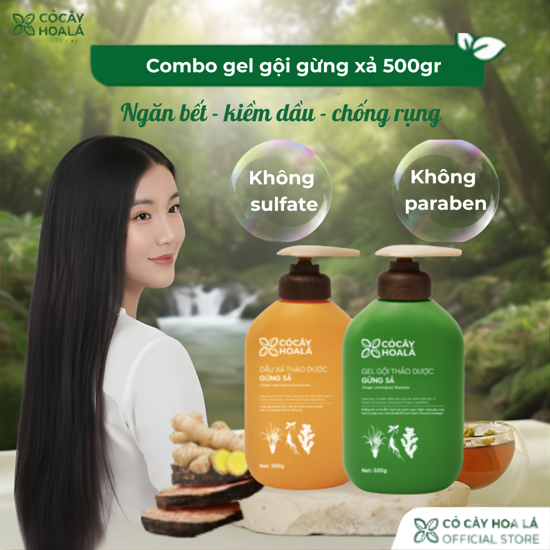 Dầu Gội Thảo Dược Cỏ Cây Hoa Lá Gừng Sả 500g - Ngăn bết, kiềm dầu và ngăn ngừa gãy rụng