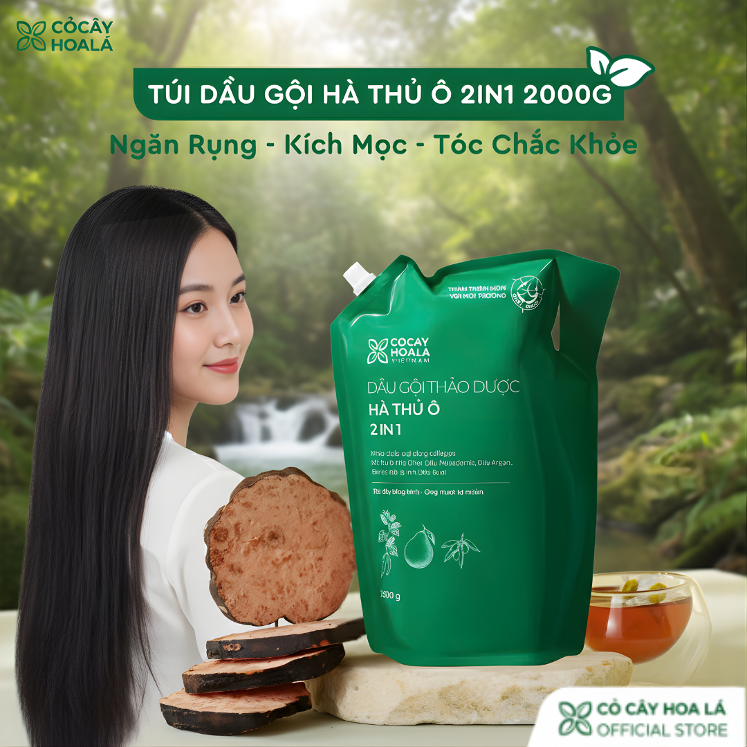 Dầu Gội Thảo Dược Hà Thủ Ô 2in1 Cỏ Cây Hoa Lá 2000g - Giảm Gãy Rụng, Dưỡng Tóc Chắc Khỏe