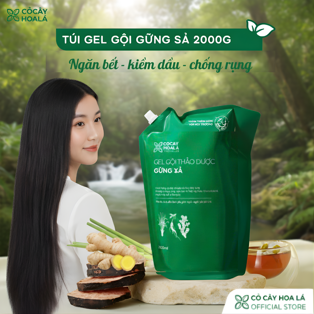 Gel Gội Hữu Cơ Gừng Sả Cỏ Cây Hoa Lá 2000ml – Giảm Gãy Rụng, Làm Sạch Da Đầu, Kích Thích Mọc Tóc Tự Nhiên