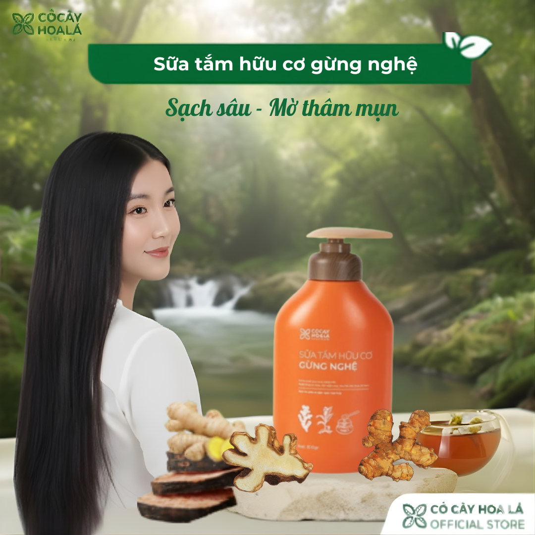 Sữa Tắm Thảo Dược Gừng Nghệ Cỏ Cây Hoa Lá - Làm Sạch Sâu, Mờ Thâm Mụn 500g